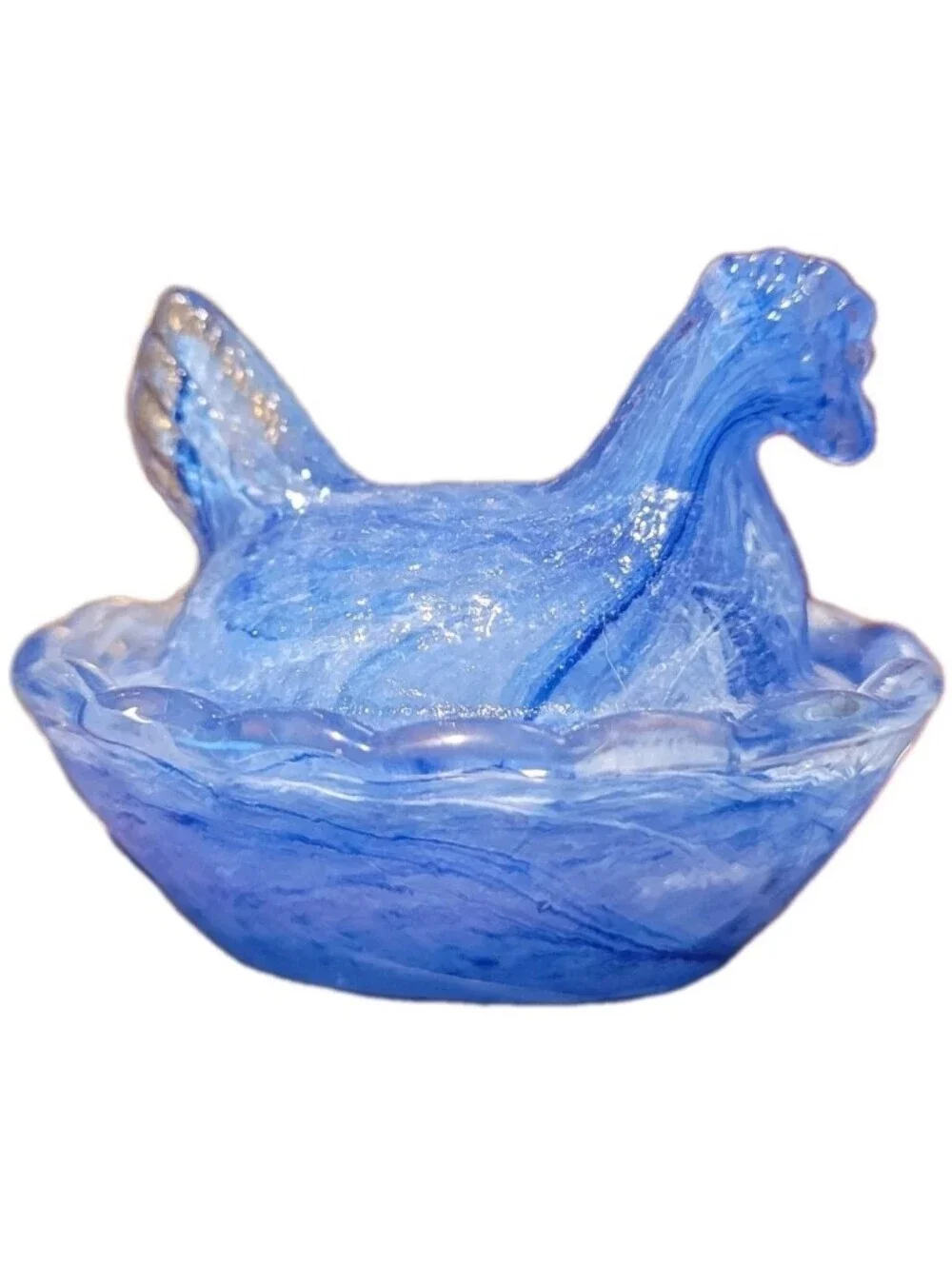Hen On Nest Salt Cellar Blue Swirled Glass Chicken on Nest Dish Cottage Core